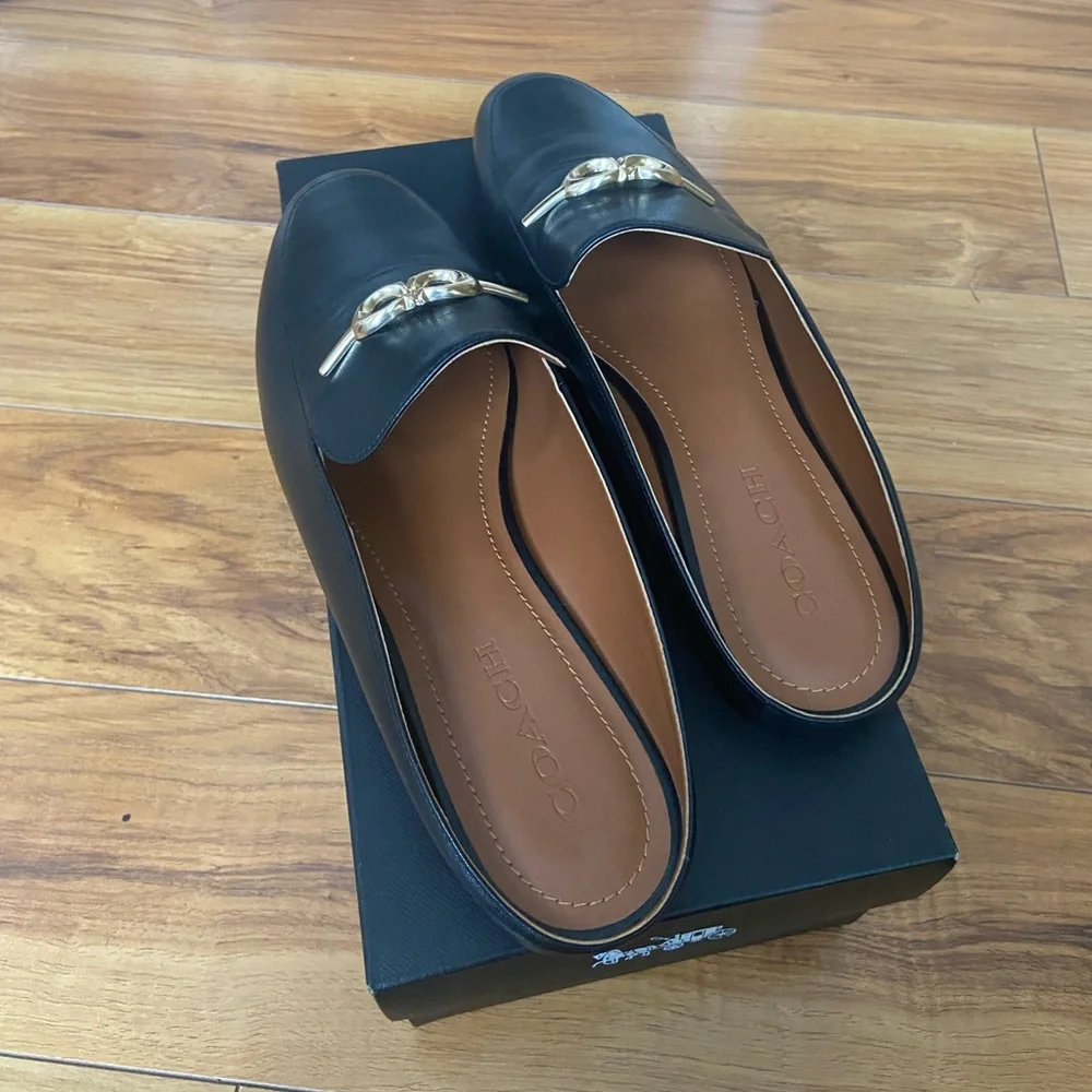 Coach Black Leather Loafer Mules with Gold Accent - Picture 4 of 5